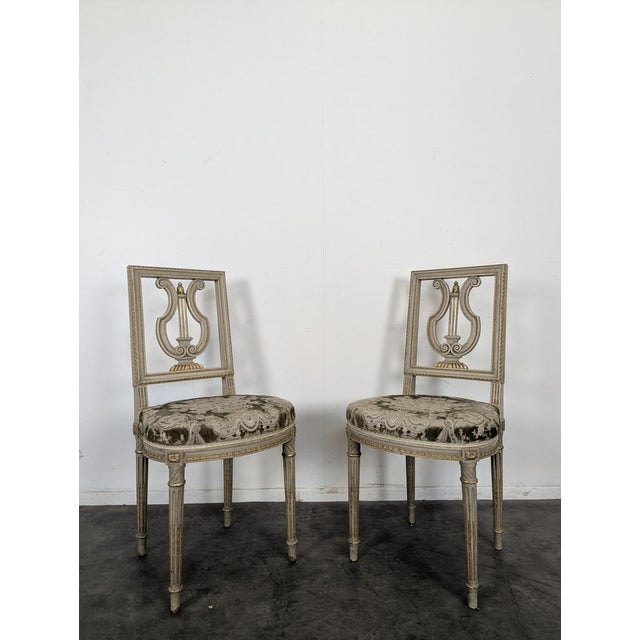 Louis XVI Style Cream Lacquered and Upholstered Cabriolet Salon Set with Gilded Highlights, Set of 6 For Sale - Image 13 of 18