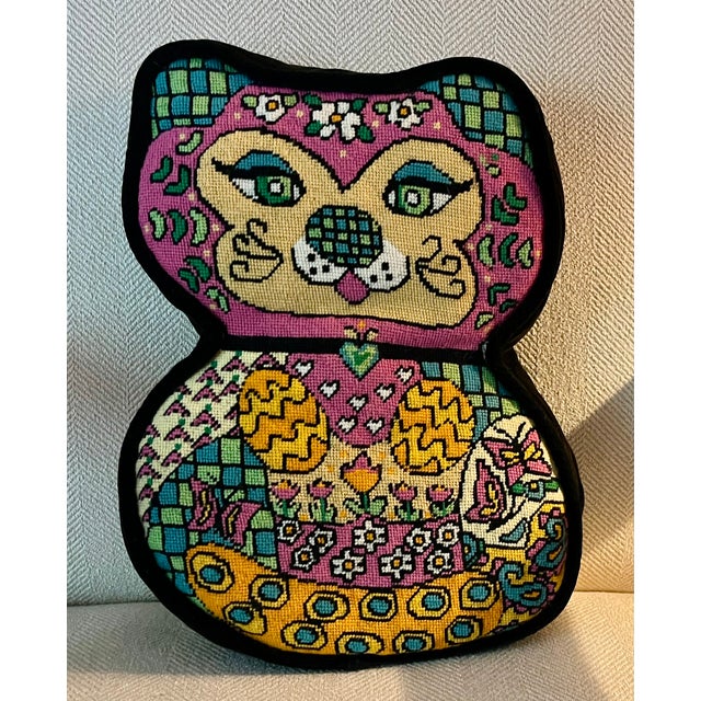 1970s Mid-Century Modern Needlepoint Pillow of a Mod Pussy Cat For Sale - Image 5 of 9