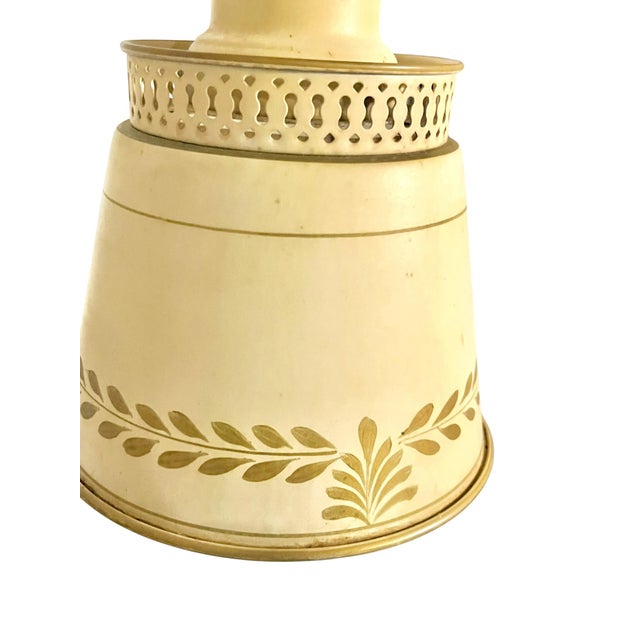 Gold Vintage Cream Tole Double-Arm Table Lamp With Pierced Shades – Hollywood Regency Style For Sale - Image 8 of 18