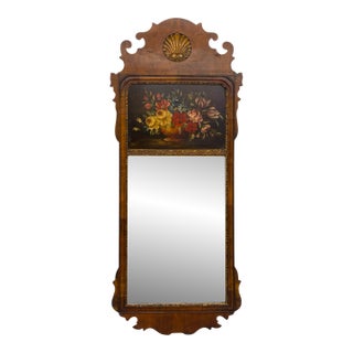 English Federal-Style Wall Mirror With Hand-Painted Floral Panel and Carved Shell Crest, Marked "London" For Sale
