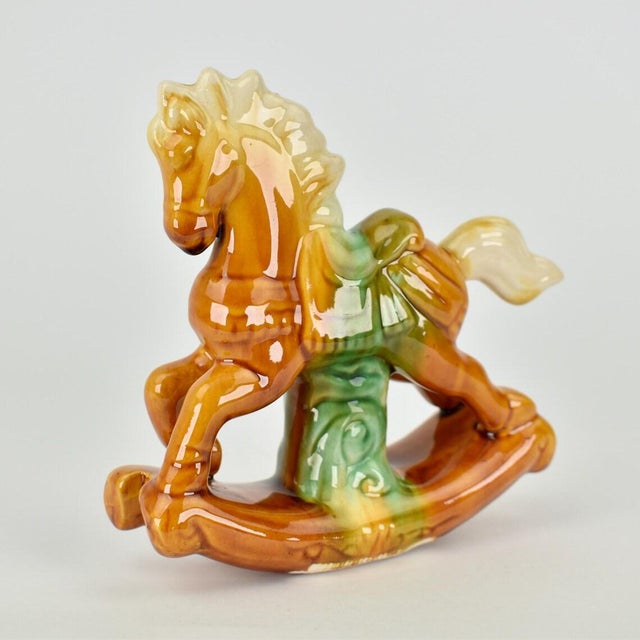 Vintage Tang Dynasty Style Rocking Horse Figurine | 1970s Drip Glaze Ceramic | Mid Century Nursery Decor Gift | Shelf Accent Cognac Brown For Sale - Image 4 of 8