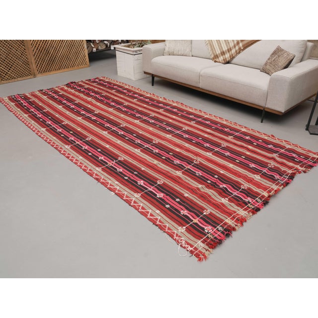 Boho Chic 1970s Vintage Handmade Wool Cotton Red Kilim Runner Rug For Sale - Image 3 of 11