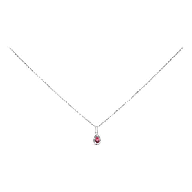 10K White Gold 5x3mm Pink Tourmaline and Diamond Accent Halo Pear Shape 18" Pendant Necklace (I-J Color, I1-I2 Clarity) For Sale