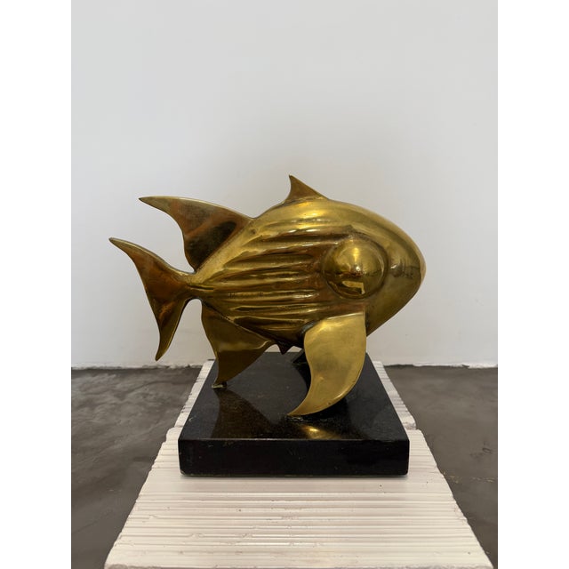 Bronze E Ferreira Netto Polished Bronze Fish Sculpture on Black Granite Base, 1985 For Sale - Image 8 of 17