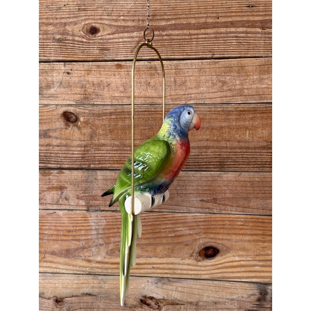 Ceramic Vintage Ceramic Glazed Parrot on Brass Perch With Hanging Chain For Sale - Image 7 of 11