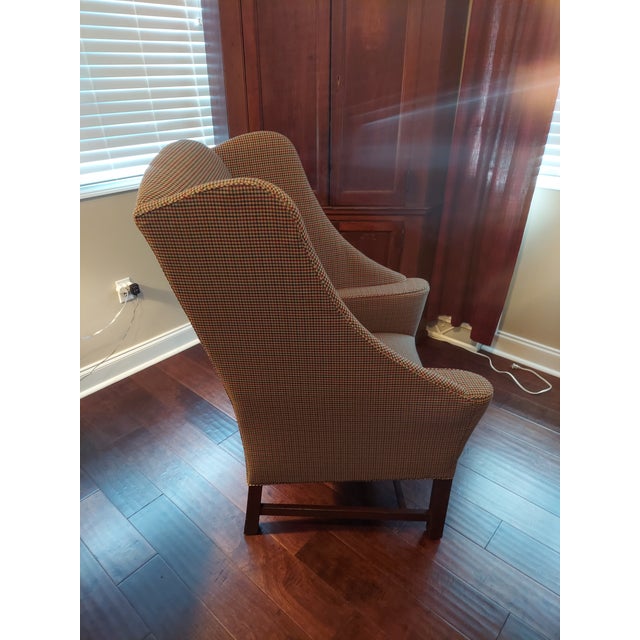 American Primitive Colonial Upholstered Wingback Chairs For Sale - Image 3 of 12