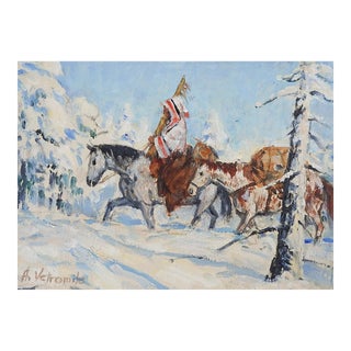 Small Trapper on Horseback in Snowy Winter Painting Study For Sale