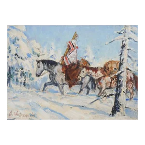 Small Trapper on Horseback in Snowy Winter Painting Study