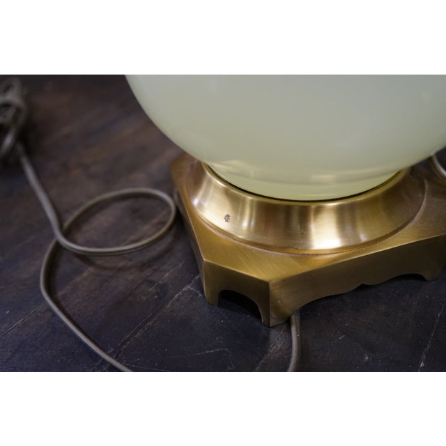 Metal Pair of 1960s Paul Hanson Hollywood Regency Style Bronze Mounted Vaseline Glass Lamps For Sale - Image 7 of 9