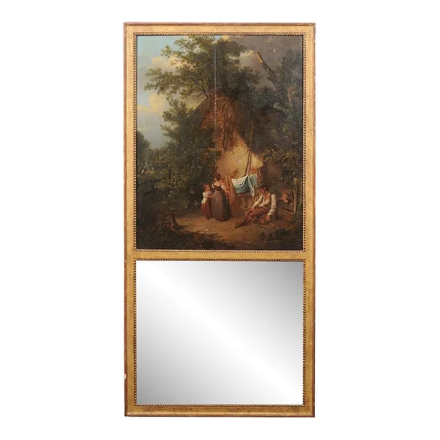 Vintage French Trumeau-Style Gilt Mirror with Homestead Scene Oil Painting in Upper Pane For Sale