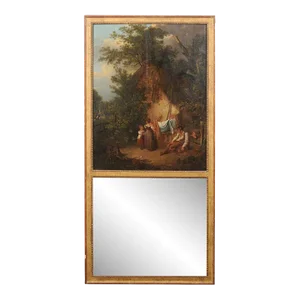 Vintage French Trumeau-Style Gilt Mirror with Homestead Scene Oil Painting in Upper Pane