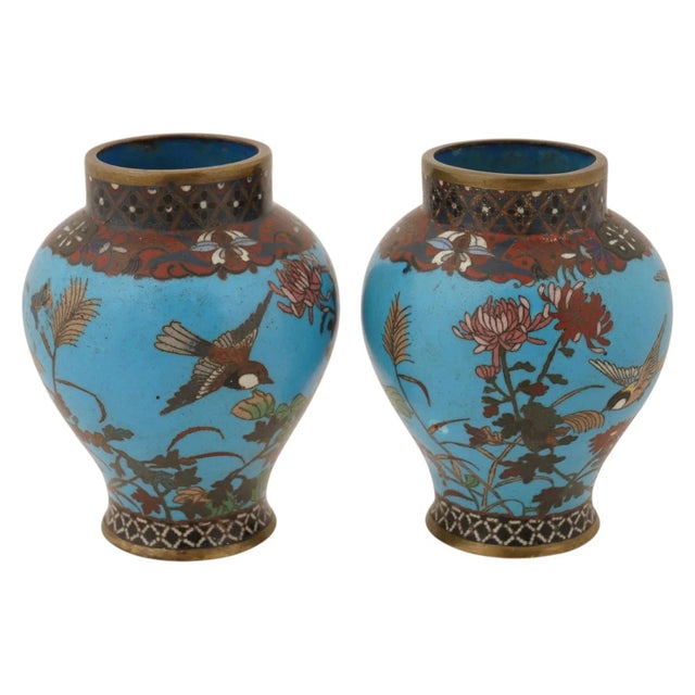 Japanese Pair of Antique Japanese Meiji Cloisonne Enamel Vases For Sale - Image 3 of 7