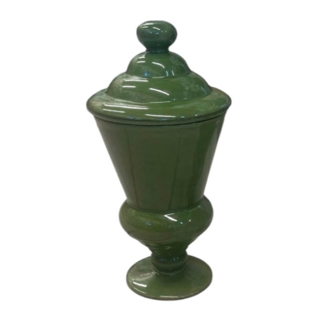 Vintage Glossy Olive Green Ceramic Pedestal Urn With Lid For Sale - Image 4 of 12