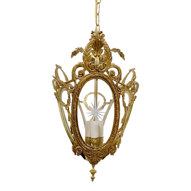 Vintage Bronze Lantern With Etched Glass Panels For Sale