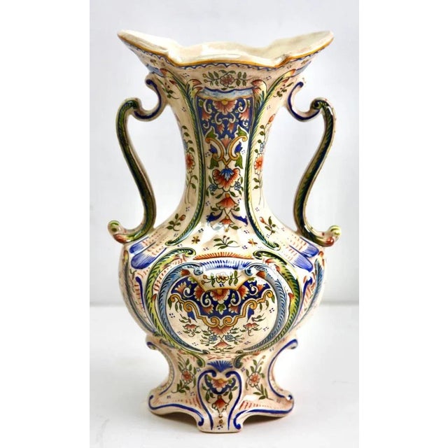The designs on this French faience group is typical of pottery made in Rouen. Early 20th century French hand-painted...