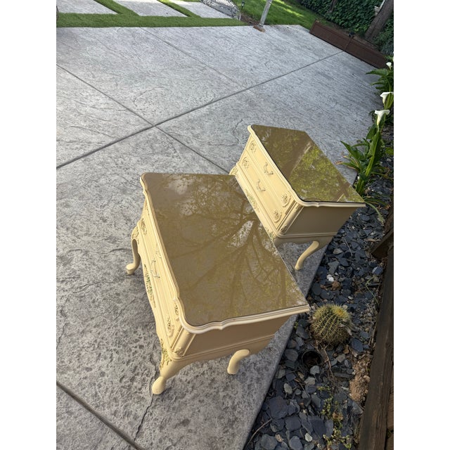 Beautiful pair of French provincial nightstand circa 1960 hand painted details, solid wood. They come with the optional...