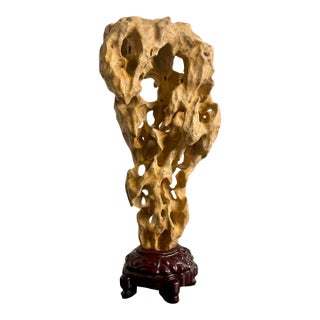 Extraordinary Large Chinese Scholar Rock Yellow Taihu Stone on Wood Stand For Sale