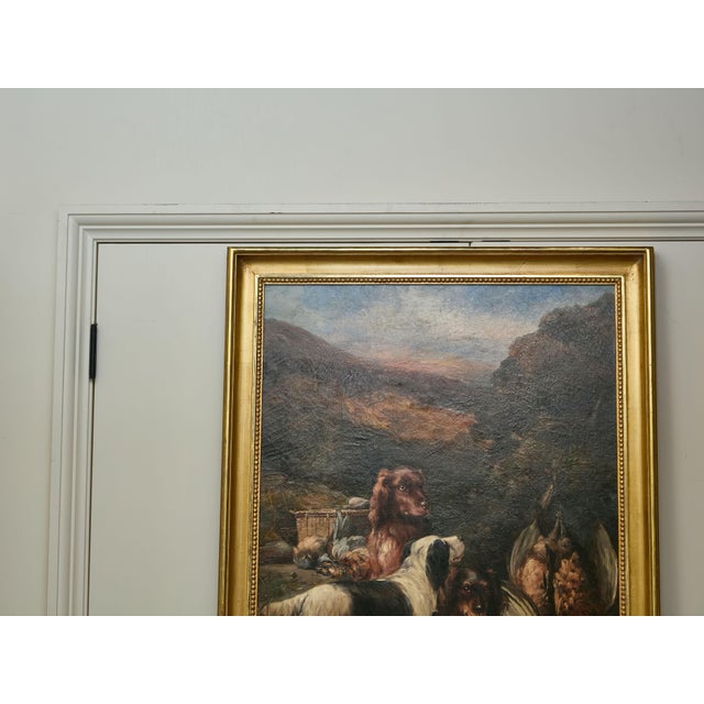 Mid 20th Century English Oil on Canvas Hunt Painting of Three Dogs and Their Catch in Frame For Sale In Atlanta - Image 6 of 8
