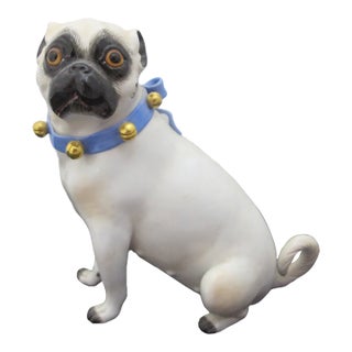 Meissen Porcelain Pug Dog With Blue Collar & Gold Bells Figurine Statue For Sale
