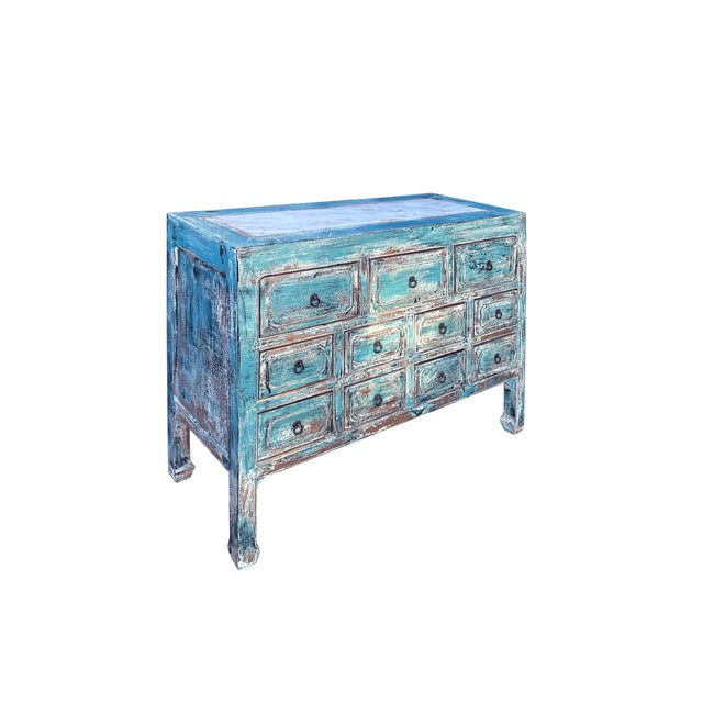 Distressed Turquoise Blue Stone Top 11 Drawers Credenza Sideboard Cabinet For Sale - Image 4 of 6