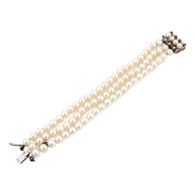 Mid 20th Century Pearls & Pink Sapphire 18k White Gold Triple Strand Bracelet For Sale