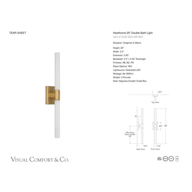 Visual Comfort Chapman & Myers for Visual Comfort Signature Hawthorne 20" Double Bath Light in Antique-Burnished Brass with White Glass For Sale - Image 4 of 6