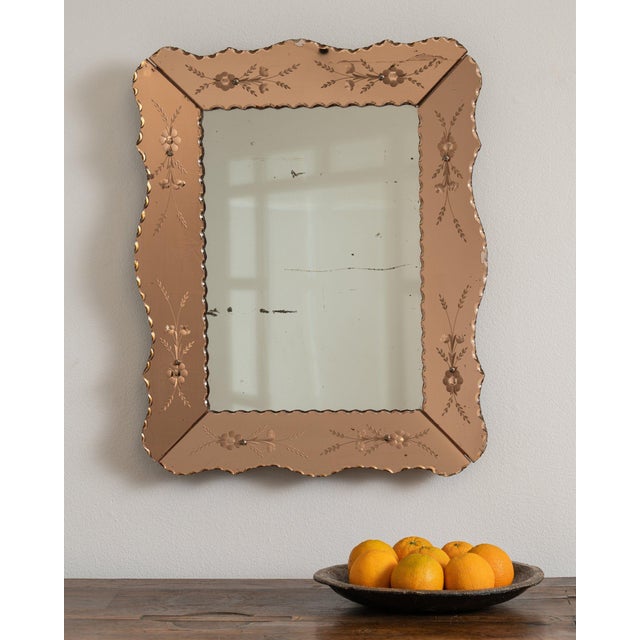 1940-1949 Italy Warm Blush Pink Carved Wood Mirror With Etched Border For Sale - Image 9 of 9