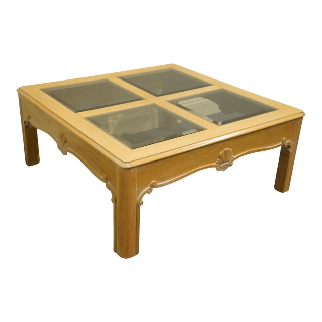 Gordon's Furniture Country French Pickled Wood 38" Square Glass Panel Accent Coffee Table For Sale