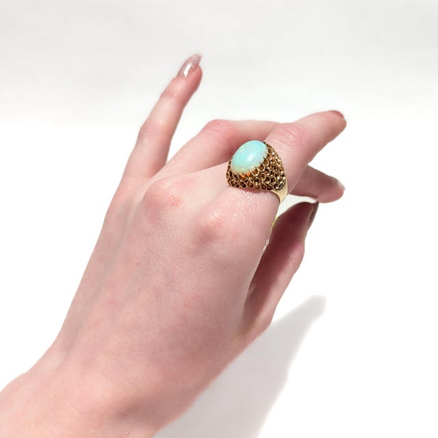 Mid 20th Century Mid-Century High Set 14k Gold & Opal Cabochon Cocktail Ring For Sale - Image 5 of 12