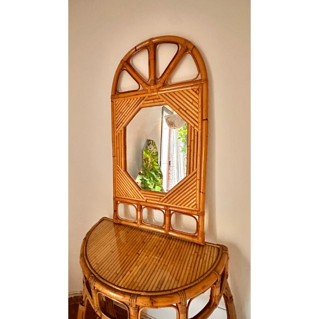 Arched Demi-Lune Console in Rattan and Bamboo with Mirror from Vivai del Sud, Italy, 1960s For Sale - Image 4 of 14