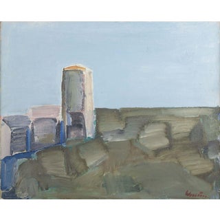 Swedish Artist, Modernist Landscape with a Tall Building, 1960s, Oil on Canvas For Sale