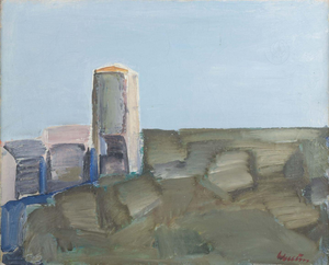 Swedish Artist, Modernist Landscape with a Tall Building, 1960s, Oil on Canvas