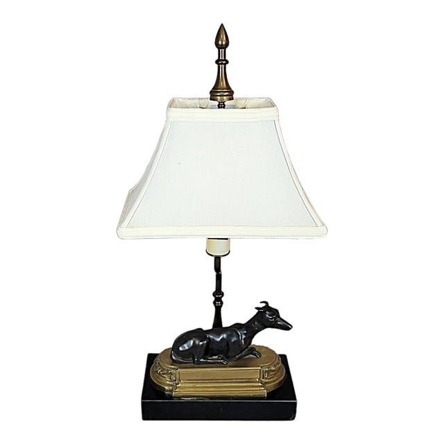 Vintage Bronze Greyhound Dog Table Lamp on Marble Base With Shade For Sale