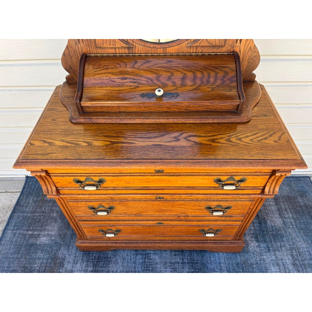 French Country 1980s Dixie Furniture Recollections Rustic Country French Solid Oak Chest With Oval Table Mirror For Sale - Image 3 of 12