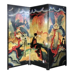 96" Monumental Asian Fantasy Artist Hand Painted Tripart Folding Screen