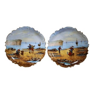 Pair of French Hand-Painted Porcelain Coastal Plates Signed Francis For Sale