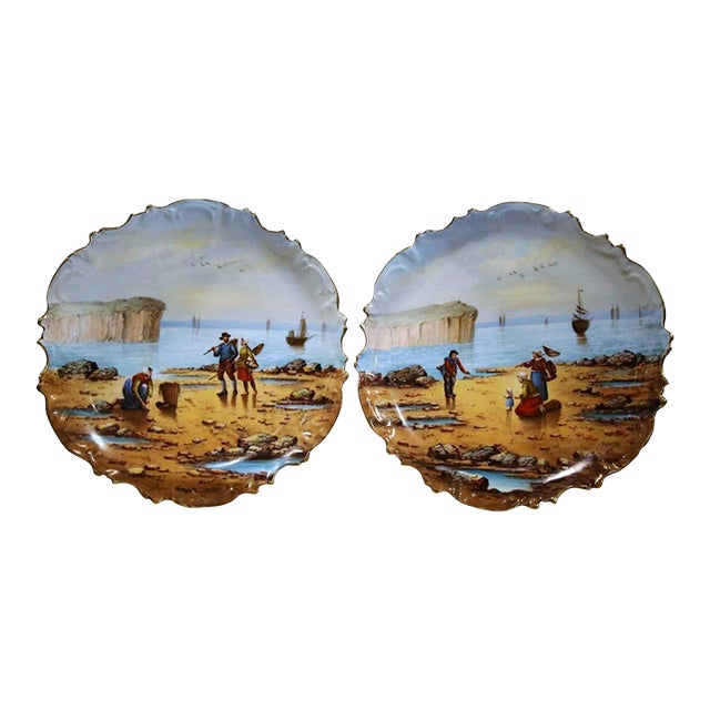 Pair of French Hand-Painted Porcelain Coastal Plates Signed Francis For Sale