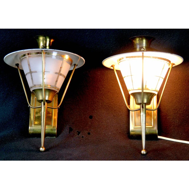 Maison Lunel Brass, Black Metal and Glass Sconces Lantern, Mid-Century, France - a Pair For Sale - Image 6 of 9