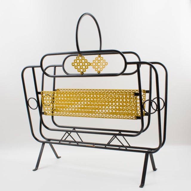 Mathieu Matégot Mid-Century Black, Yellow Lacquered Metal Magazine Holder For Sale - Image 14 of 17