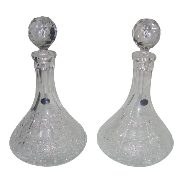 Valaska Bela Slovakia Hand Cut Crystal Decanters With Stoppers - A Pair For Sale