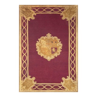 1860s Red Burgandy Floral Medallion Antique English Axminster Rug 9' X 13' 3" Handwoven Wool Carpet For Sale