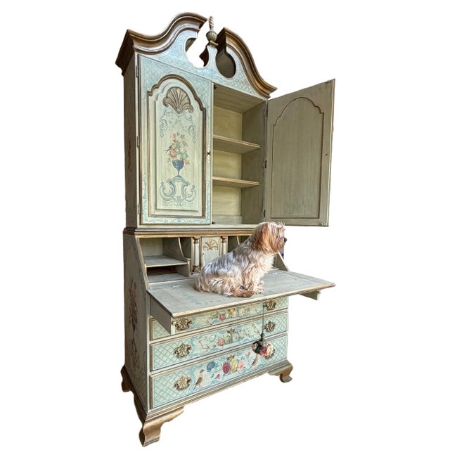 Wood Painted Chinoiserie Style Antique Sage Green Floral Secretary Desk For Sale - Image 7 of 18