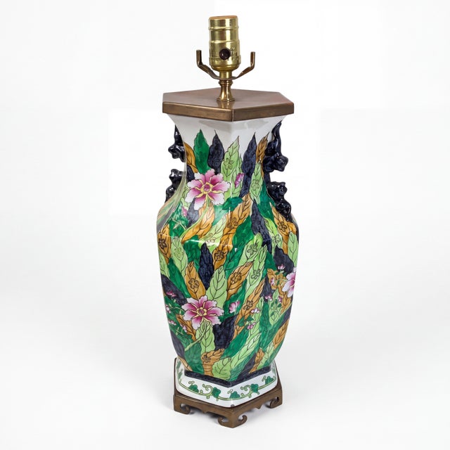 Mid 20th Century Midcentury Chinese Export Style Porcelain Tobacco Leaf Pattern Table Lamp For Sale - Image 5 of 5