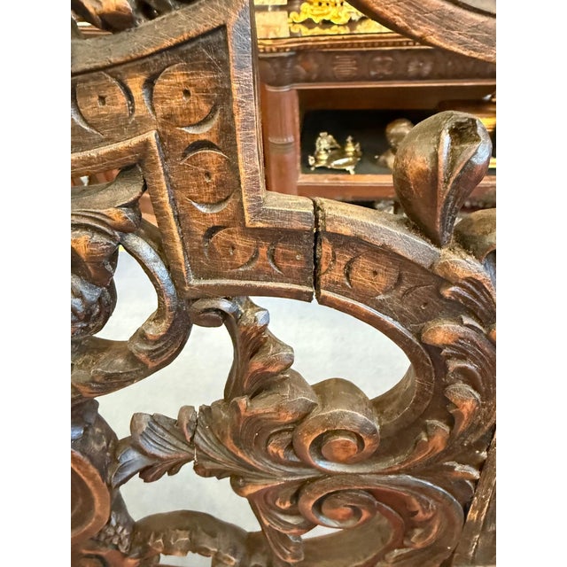 Antique Pair of Carved Walnut Jacobean Revival Throne Chairs With Red Leather Seats For Sale - Image 11 of 16