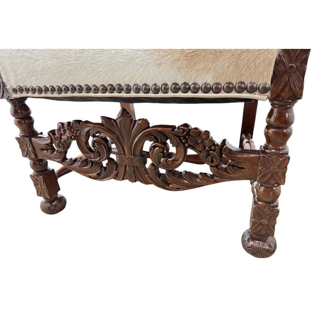 Antique French Baroque Carved Wood Animal Hide Throne Chair For Sale - Image 9 of 17