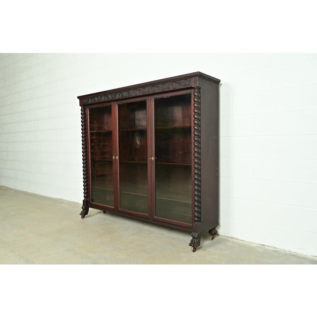 Victorian R. J. Horner Style American Empire Carved Mahogany Triple Bookcase With Lion Paw Feet, Circa 1890s For Sale - Image 3 of 13