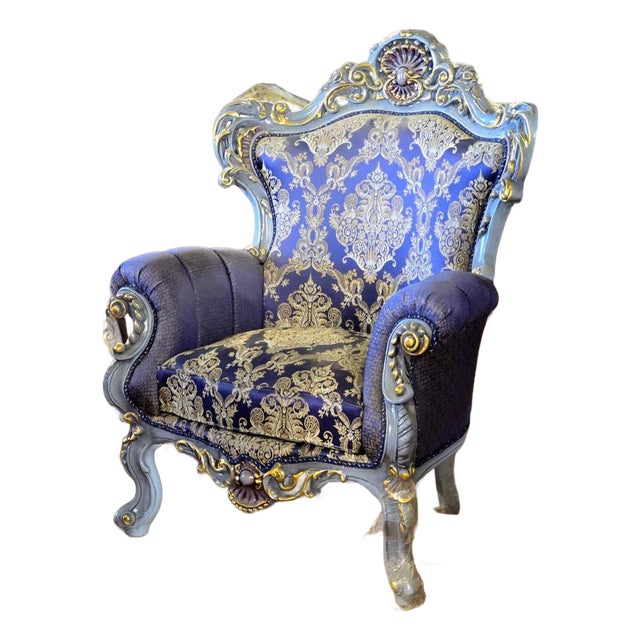 Royal French Louis XV Armchair With Blue Damask Upholstery, Hand-Carved Frame & Gold Leaf Accents For Sale