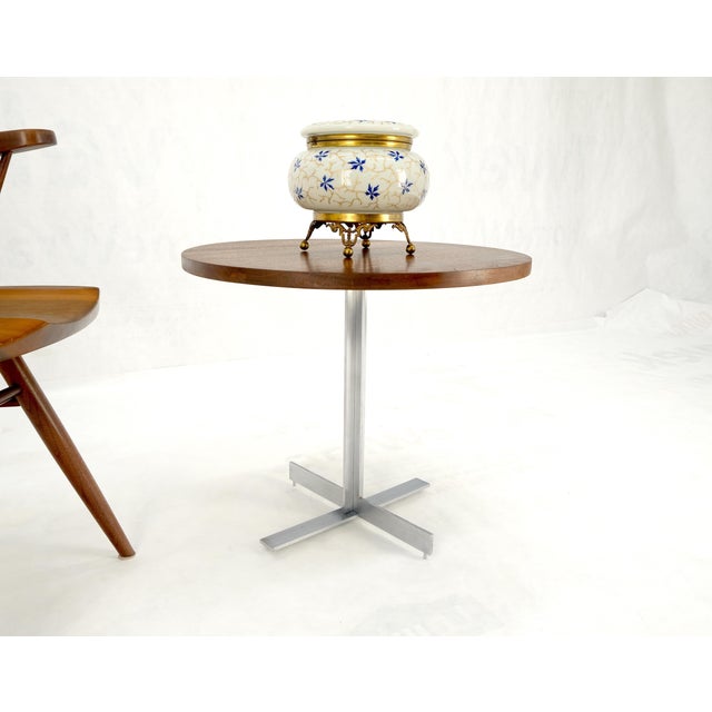 Solid Walnut Round Top Brushed Machined Stainless Steel Base Side End Table Stan For Sale - Image 10 of 11