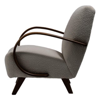 20th Century Czech Republic Warm Ivory Boucle Bentwood-Arm Lounge Chair For Sale
