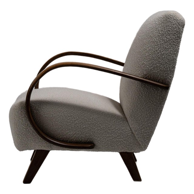 20th Century Czech Republic Warm Ivory Boucle Bentwood-Arm Lounge Chair For Sale